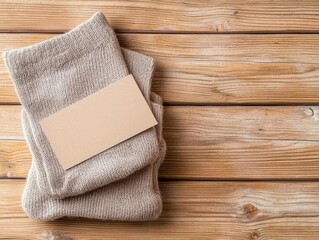 Stacked socks with a blank kraft paper label, presented on a wooden background for a natural, ecofriendly vibe, sustainable socks mockup, blank label