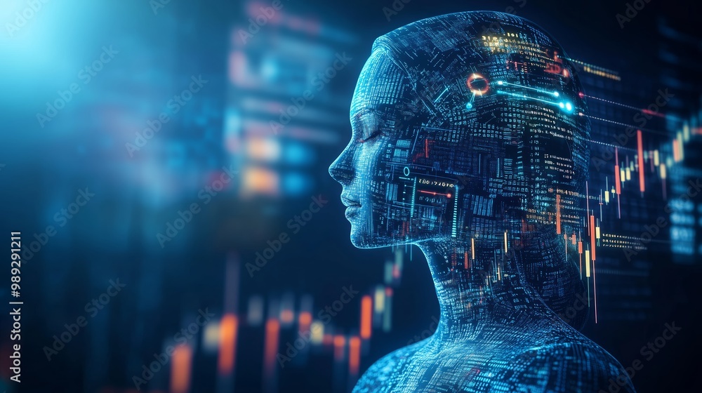 Poster digital human profile surrounded by data and fluctuating graphs showcasing advanced technology integ