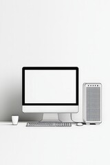Fototapeta premium Minimalist Digital Illustration of Modern Computer Setup on White Background - Clean, Symmetrical Workspace Concept
