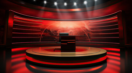 generated illustration of empty news station stage. Newsroom with two chairs at a desk for news anchors.
