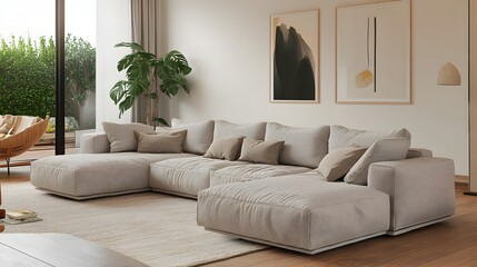 Cozy and inviting Scandinavian inspired living room featuring plush modular seating lush indoor plants and minimalist wall decor in a neutral earthy color palette  The open