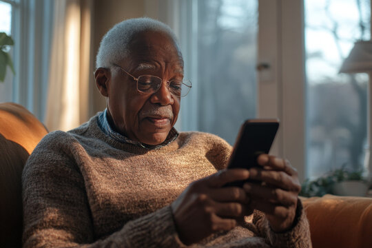 Elderly man is sitting comfortably on a sofa in his living room, engrossed in using a smartphone