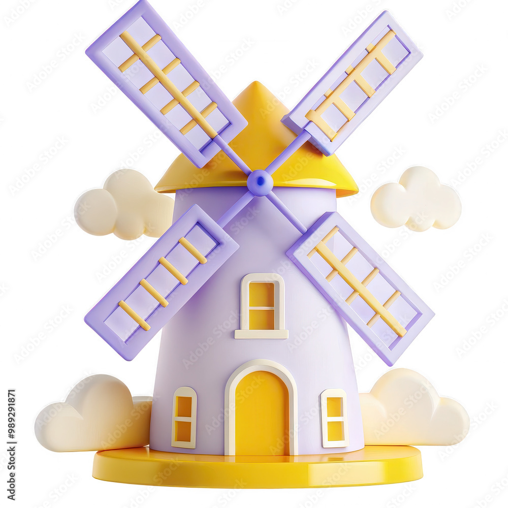 Poster 3d rendering of a windmill in yellow and purple pastel colors. a wonderful 3d icon of a windmill on 