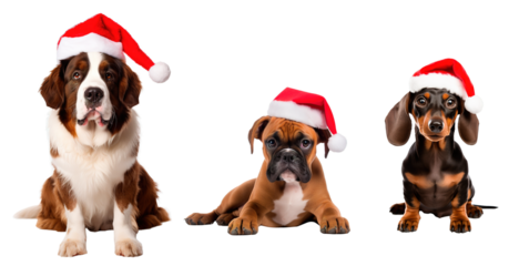 St. Bernard, boxer and Dachshund dogs wearing Santa's hat