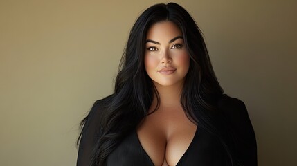 Naklejka premium A beautiful plus-size woman with long, straight black hair