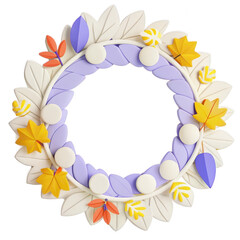 Obraz premium Image of a wreath dominated by bright colors of yellow-orange and purple leaves. It also features white circular elements that form a ring frame that enhances the visual appeal.
