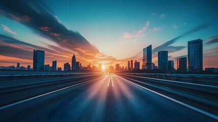 Fototapeta premium A high-speed chase on an empty bridge at dawn the city skyline silhouetted against the morning sky.