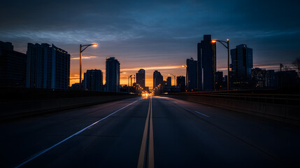 Fototapeta premium A high-speed chase on an empty bridge at dawn the city skyline silhouetted against the morning sky.
