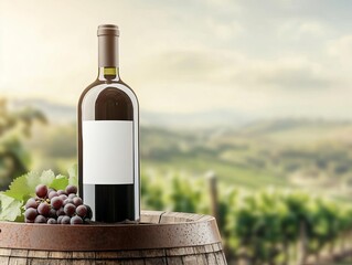 Fototapeta premium Wine bottle with blank label placed on a vintage wooden barrel, vineyard landscape in the background, rustic and authentic branding mockup