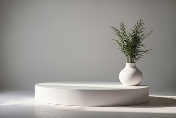 Fototapeta premium Minimalist white podium with soft shadows, ideal for product display-Recovered
