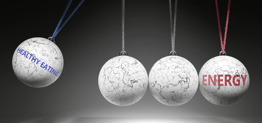 Healthy Eating and Energy - cause and effect relationship. A Newton cradle metaphor showing how healthy eating results in energy. It initiates energy. ,3d illustration