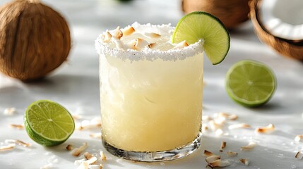 A coconut margarita in a salt-rimmed glass