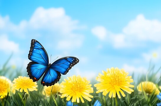 Fototapeta Springtime Meadow with Blue Butterfly and Dandelions