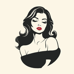 Beautiful woman in off the shoulder dress, vintage pin up style, retro hair, simple minimalistic logo vector illustration white background