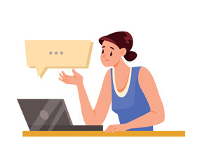 Online Communication with Woman Character with Laptop Chatting Vector Illustration