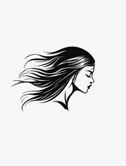 Vector design of a woman with straight hair blowing in the wind on a white background, simple minimalist style, black lines