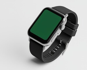 Fototapeta premium Sleek Black Silicone Smartwatch with Silver Case on White Background - Minimalist Tech Elegance with Vibrant Green Screen for Modern Lifestyle