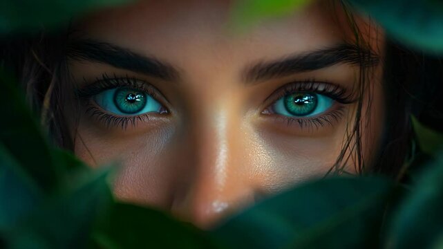 A woman with blue eyes is looking at the camera through a green leafy bush. Concept of mystery and intrigue as the woman's face is partially hidden by the foliage