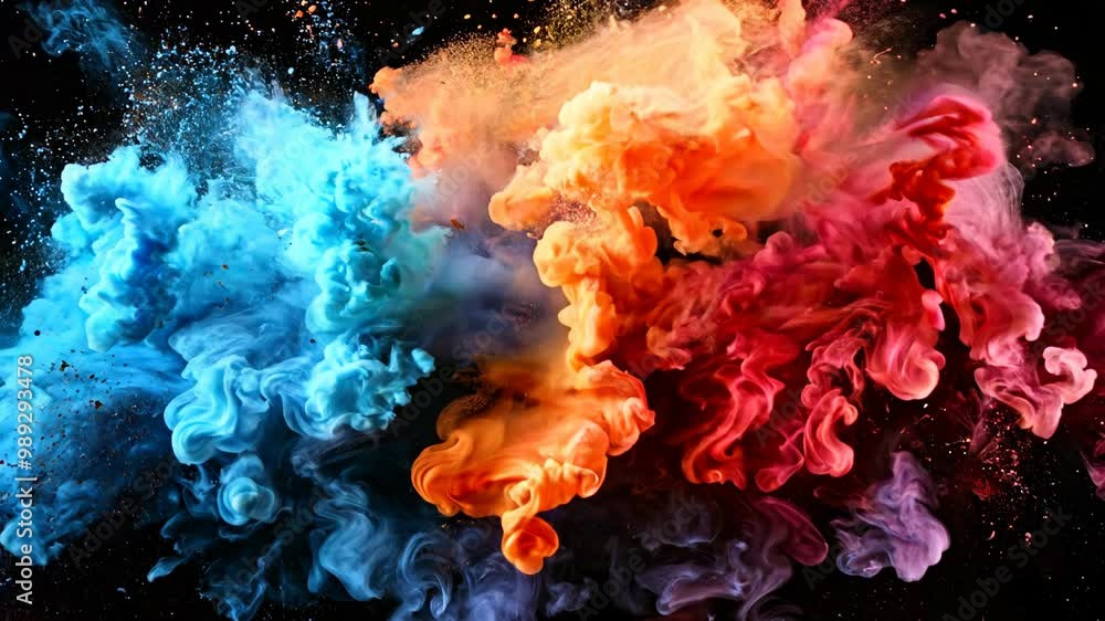 Poster colorful smoke explosion creating vibrant patterns in the air during artistic display session