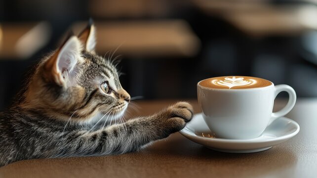 Curious cat reaching for coffee cup, cozy cafe setting.