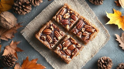 A delicious pecan pie bar on a textured surface surrounded by autumn leaves and pinecones.