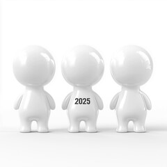 A 3D figurine showcasing the year 2025, viewed from three angles, emphasizing its smooth design and playful charm.