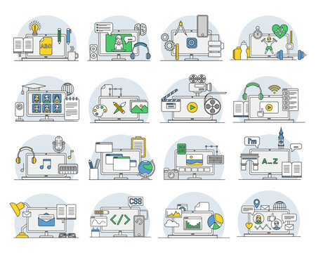 Online Professions with Learning Platform and Computer Interface Display Line Vector Set