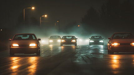 Fototapeta premium A lineup of cars at an illegal drift race in the outskirts of a city headlights illuminating the dark road.