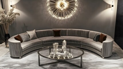 A 3D rendered image of a sophisticated and refined modern living room featuring a plush velvet curved sofa sleek glass and metal coffee table
