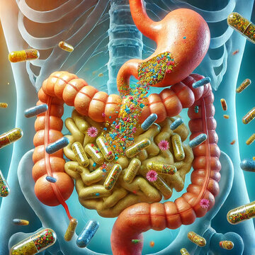 Digestive System drawing with a virus with a medical capsule on it