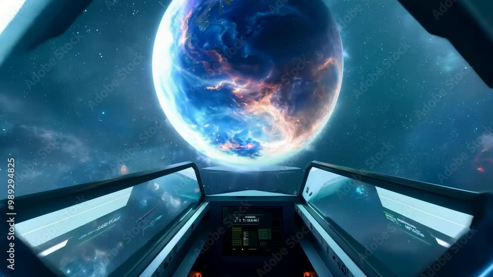 Poster a view of a space shuttle cockpit with a blue sky and a planet in the background. the cockpit is fil