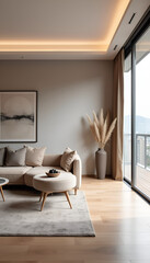 Fototapeta premium Japandi, minimalist interior design of modern living room with curved sofa and stylish armchair.