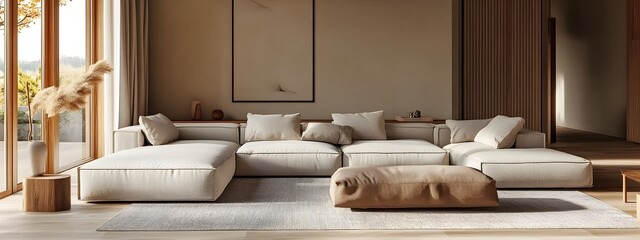 Serene and Welcoming Contemporary Living Area with Plush Couches Cozy Cushions and Earthy Accents in a Bright Airy Space with Ample Natural Lighting and Tranquil Ambiance
