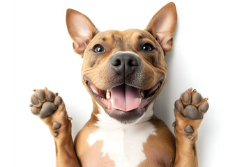 happy pitbull dog isolated on white background; smiling funny doggy laying on his back with his paws up
