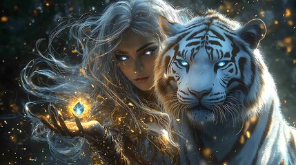 Mystical Woman with Silver Hair Holding Sapphire, Golden Aura with Majestic White Tiger - Captivating Fantasy Portrait