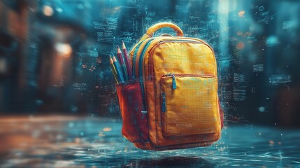 whimsical floating backpack bursting with colorful school supplies notebook pages and pencils swirl in zero gravity soft pastel background with subtle mathematical equations and formulas
