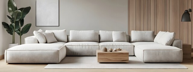 Cozy and Inviting Modern Scandinavian Living Room with Comfortable Sectional Sofa Minimalist Stylish Decor and Natural Elements Like Wood and Stone