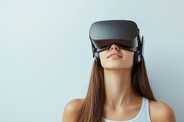 Fototapeta premium Immersive Virtual Reality Experience Close-Up Portrait of Woman in VR Headset Against Light Blue Background, Curious and Futuristic Vibe