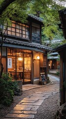 A small tea house in a bustling Japanese village, offering a quiet retreat from the busy streets, with tea sets ready for guests inside