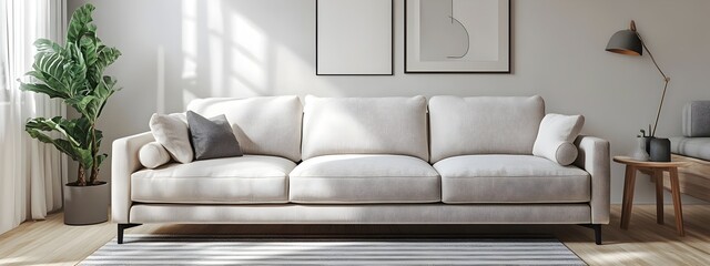 Bright and airy Scandinavian inspired modern living room with a spacious plush fabric sofa muted color accessories and abundant natural light embodying a minimalist and tranquil aesthetic