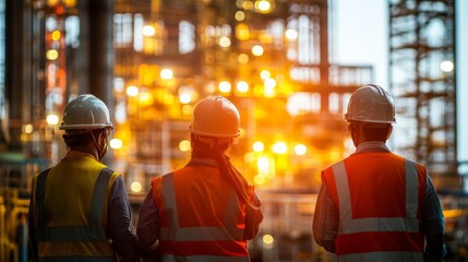 Construction Workers Surveying the Worksite at Sunset
