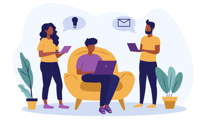Illustration of three people using laptops, sharing ideas and messages, with potted plants in the background. Concept of teamwork, collaboration, and communication. Vector illustration