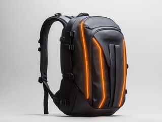 Futuristic Black Backpack with Glowing Orange Accents on Minimalist White Background - Stylish Tech Travel Gear for Dynamic Marketing Displays