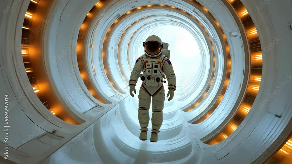 Poster a man in a white spacesuit walks through a tunnel. the tunnel is long and narrow, and the man is the