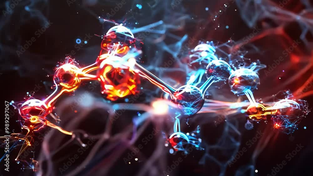 Poster a colorful image of molecules with a blue and red hue. the image is abstract and has a futuristic fe