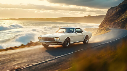 Obraz premium A muscle car drifting along an ocean cliff road at sunrise waves crashing below.