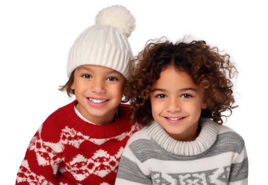 Innocent Latin American children wearing knitted Christmas sweaters isolated on white background - Powered by Adobe
