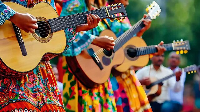 Traditional musicians playing acoustic guitars in a vibrant outdoor setting, highlighting cultural music, colorful attire, and folk performance.

