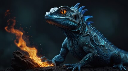 Fototapeta premium Blue Lizard Near Fire