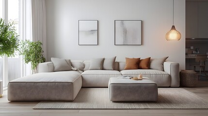 Cozy and inviting Scandinavian inspired modern living room with a large comfortable sectional sofa minimalist and stylish decor bright natural illumination and a clean uncluttered elegant